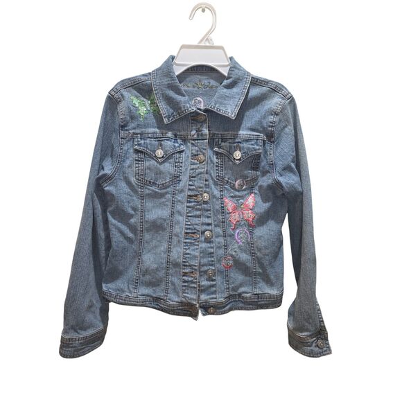 Teen Girls Denim Jacket w/ Butterfly Embroidery – Size L, Pre-Owned - Picture 6 of 14